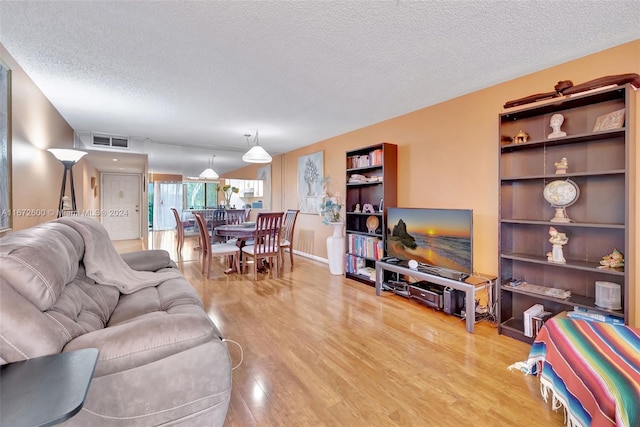 living room with a textured ceiling and wood-type flooring