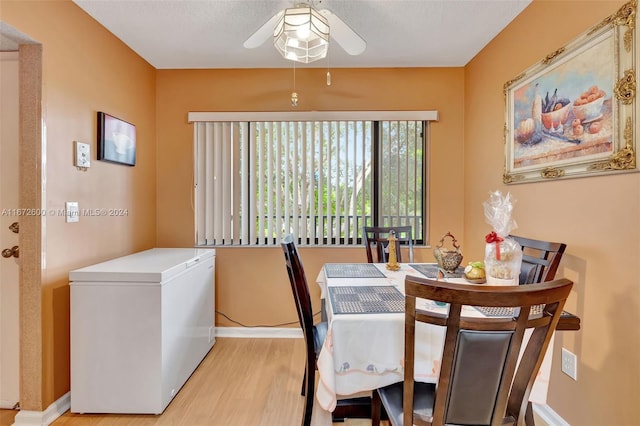 dining space with light hardwood / wood-style flooring and ceiling fan