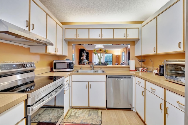 kitchen with white cabinetry, a textured ceiling, appliances with stainless steel finishes, and sink