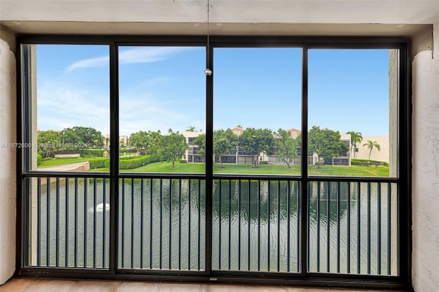 interior details featuring a water view