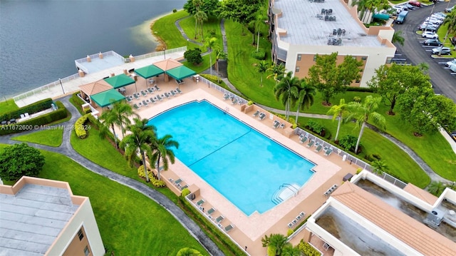 aerial view featuring a water view