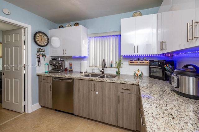 kitchen featuring decorative backsplash, white cabinetry, sink, and dishwasher