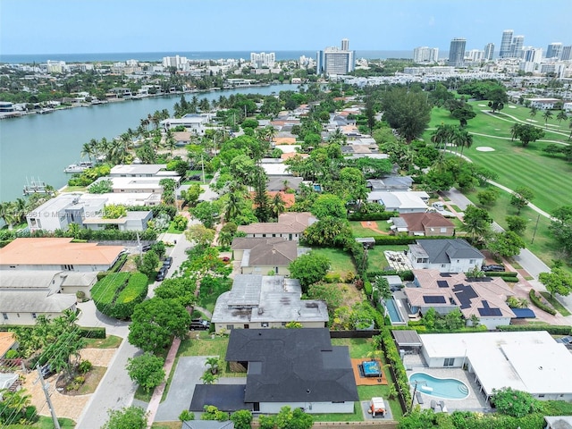 drone / aerial view featuring a water view