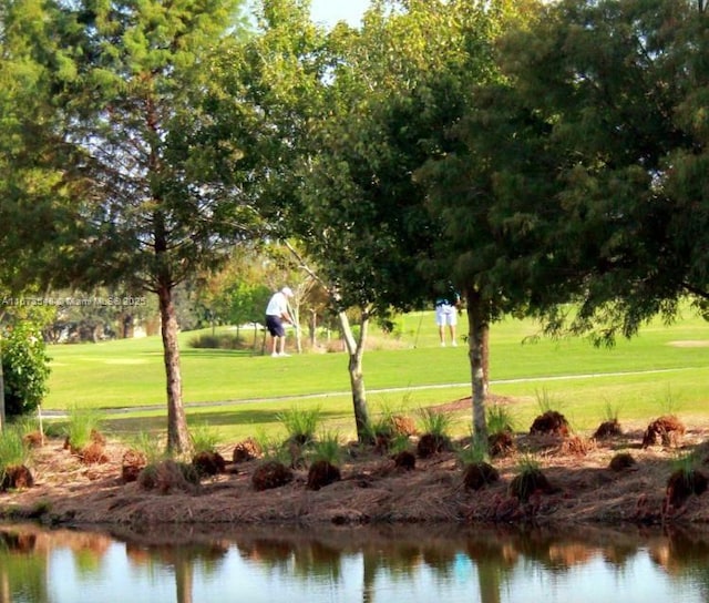 view of home's community with a water view and a yard