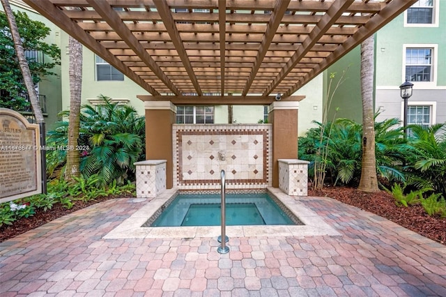 view of swimming pool with a pergola and a patio