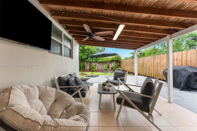 view of patio / terrace featuring an outdoor hangout area, ceiling fan, and a grill