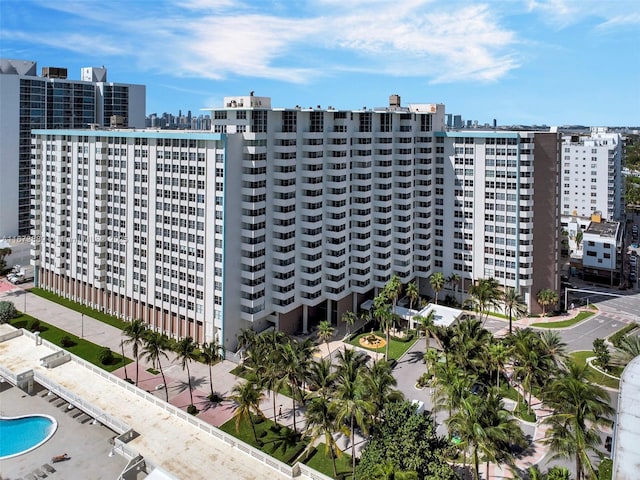 view of building exterior with a city view