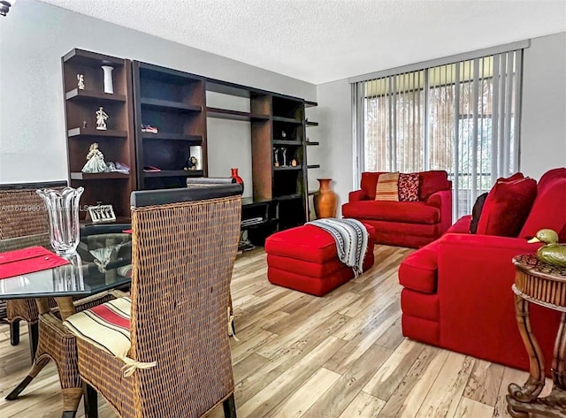 living room with hardwood / wood-style flooring and a textured ceiling