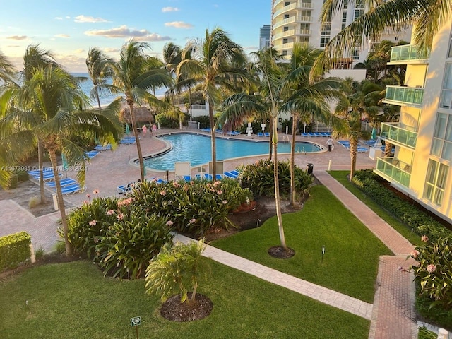 view of pool with a yard