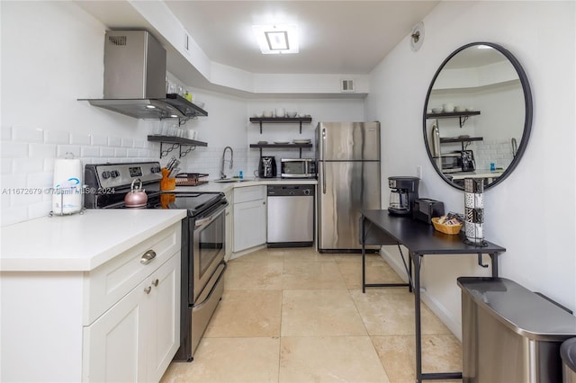 kitchen with white cabinets, sink, wall chimney exhaust hood, stainless steel appliances, and decorative backsplash