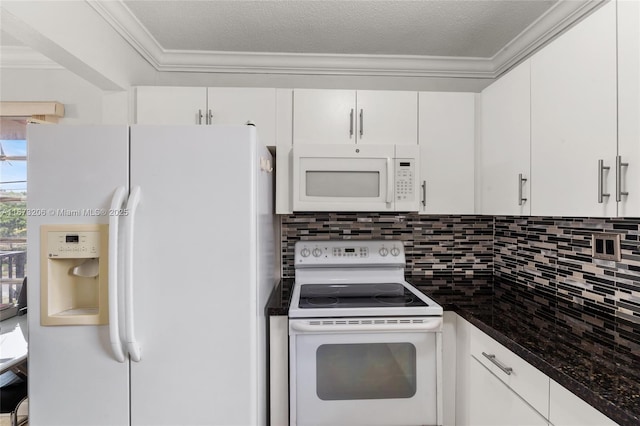 kitchen with white cabinets, decorative backsplash, white appliances, and dark stone counters