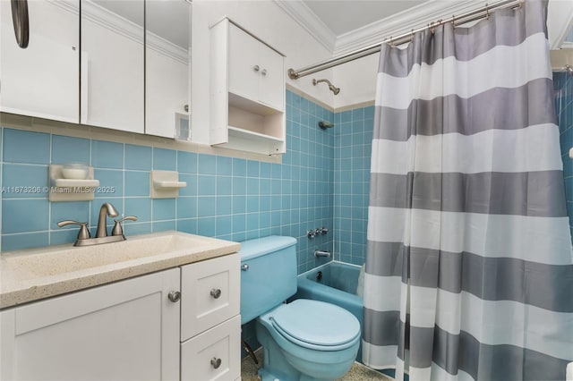 full bathroom with shower / bathtub combination with curtain, toilet, vanity, tile walls, and ornamental molding