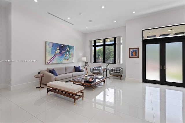 tiled living room with french doors