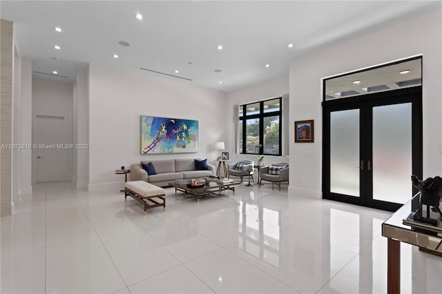 tiled living room with french doors