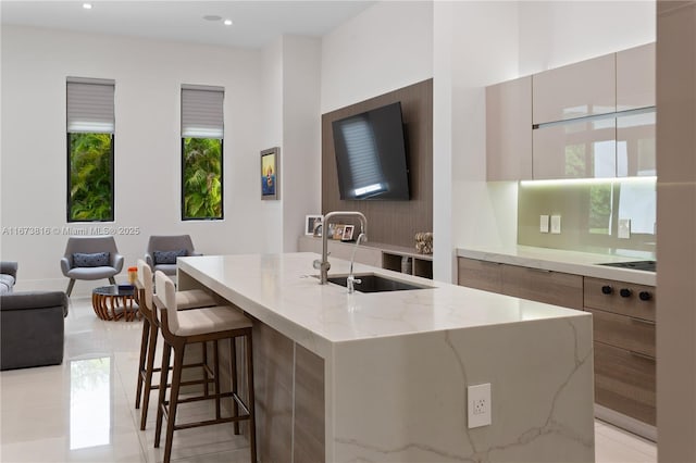 kitchen with light stone counters, sink, a breakfast bar, and a center island with sink