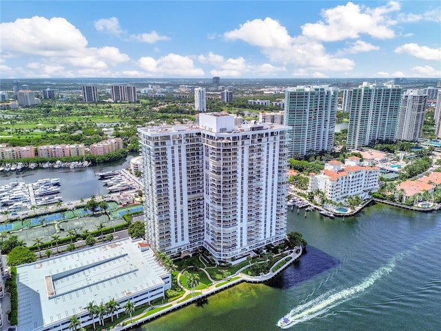 aerial view featuring a water view