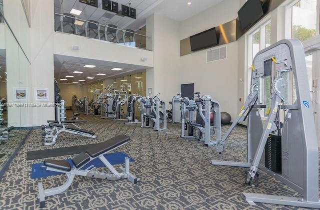 exercise room featuring a high ceiling and carpet