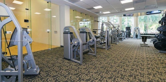 gym with a drop ceiling and dark colored carpet