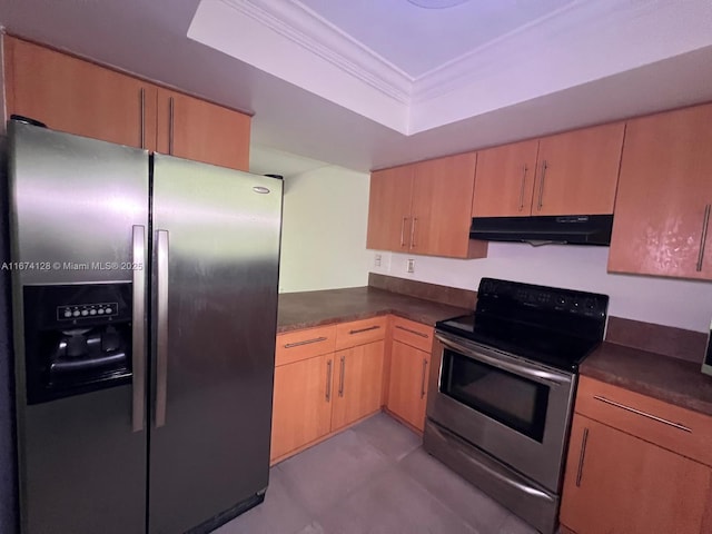 kitchen with crown molding, a tray ceiling, and stainless steel appliances