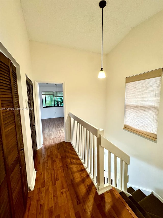 hall featuring dark wood-type flooring, vaulted ceiling, and a textured ceiling