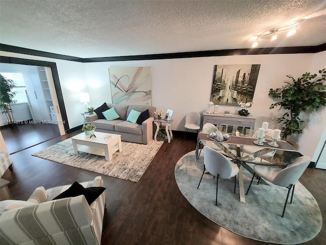 living room featuring dark hardwood / wood-style floors and a textured ceiling