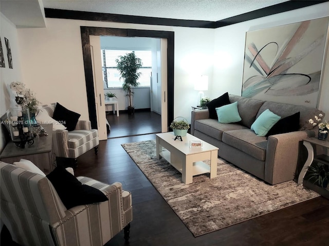 living room with a textured ceiling and dark wood-type flooring