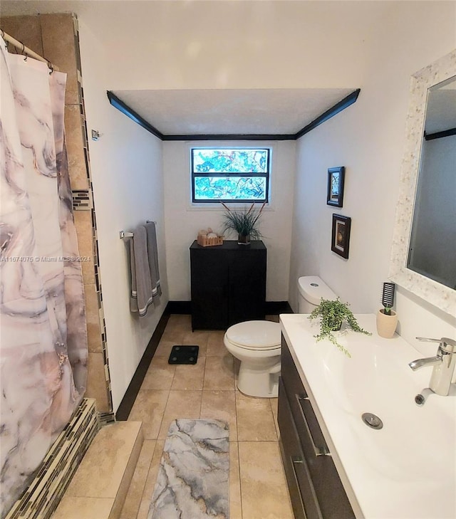 bathroom featuring vanity, curtained shower, tile patterned floors, crown molding, and toilet