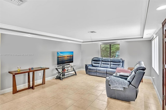 living room featuring crown molding and light tile patterned floors