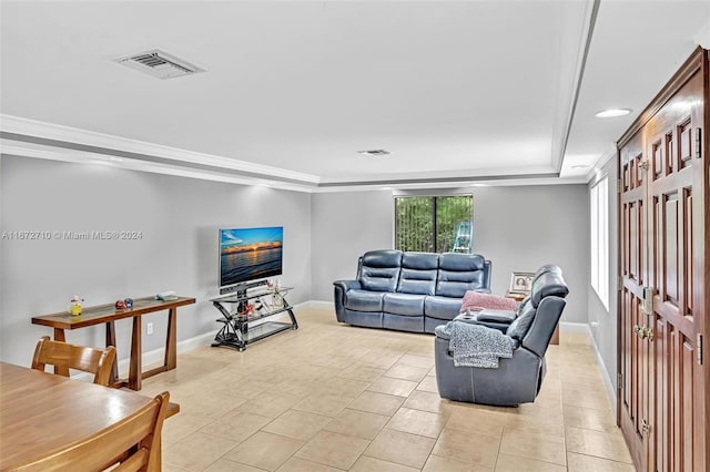 living room featuring crown molding and light tile patterned floors