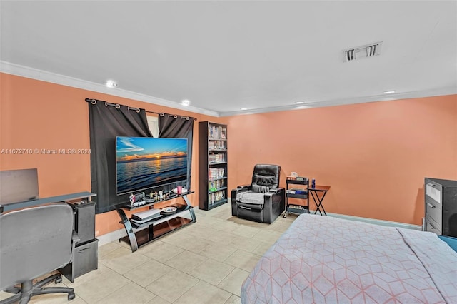 tiled bedroom with crown molding