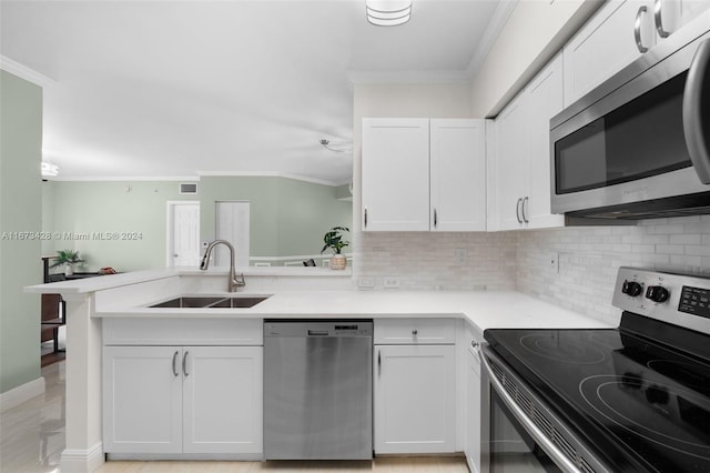 kitchen with white cabinets, sink, ornamental molding, and stainless steel appliances