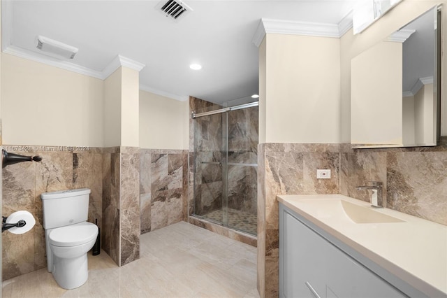 bathroom with an enclosed shower, toilet, crown molding, and tile walls