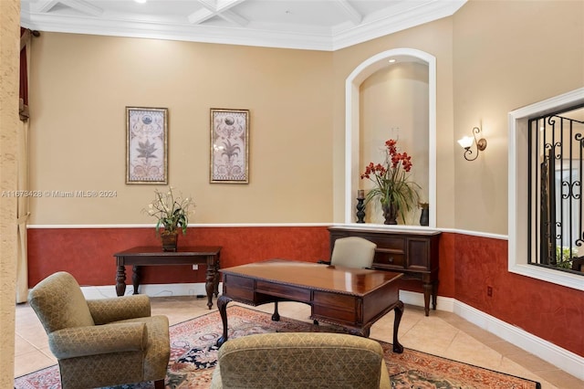 sitting room featuring beamed ceiling, light tile patterned floors, ornamental molding, and coffered ceiling