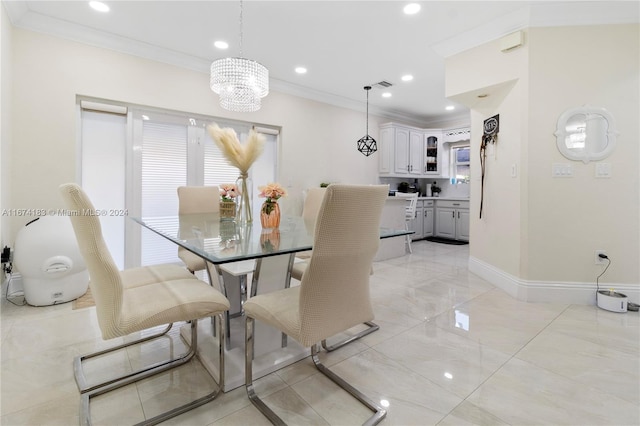 dining area with a notable chandelier, recessed lighting, crown molding, visible vents, and marble finish floor