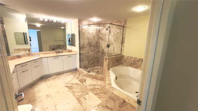 full bathroom with vanity, plus walk in shower, and toilet