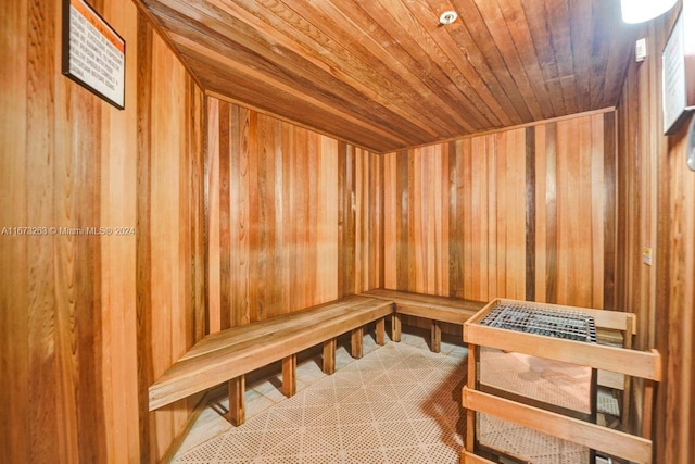 view of sauna featuring wood walls and wooden ceiling