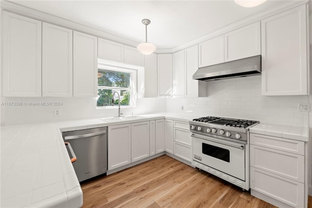 kitchen featuring sink, hanging light fixtures, light hardwood / wood-style floors, white cabinets, and appliances with stainless steel finishes