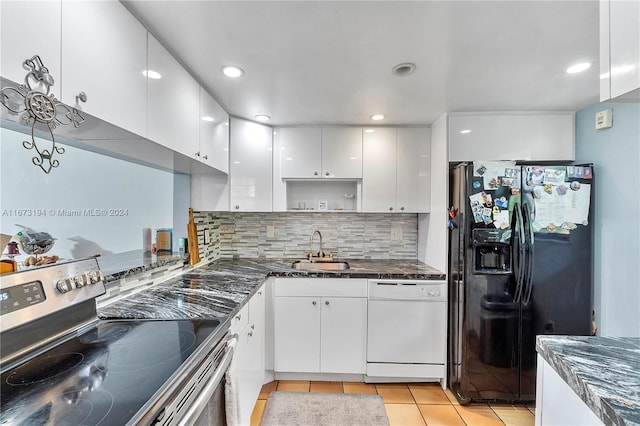 kitchen featuring white cabinetry, sink, stainless steel electric range oven, black refrigerator with ice dispenser, and white dishwasher