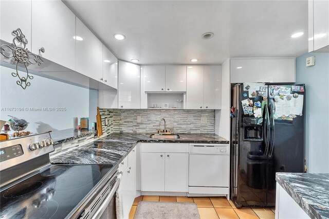 kitchen with a sink, stainless steel electric stove, black fridge with ice dispenser, white cabinetry, and dishwasher