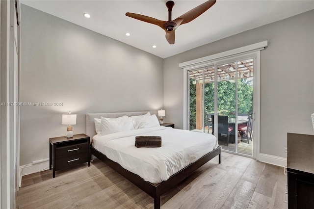 bedroom featuring ceiling fan, access to outside, and light hardwood / wood-style flooring