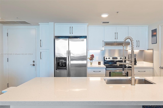 kitchen featuring visible vents, white cabinets, appliances with stainless steel finishes, light stone countertops, and under cabinet range hood