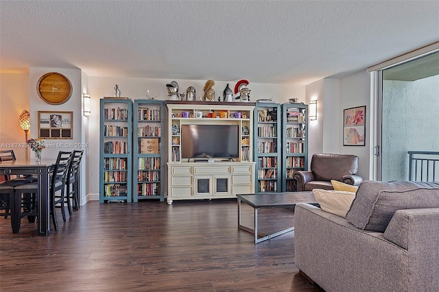 living area featuring a textured ceiling and wood finished floors