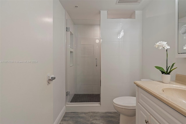 full bathroom featuring visible vents, a shower stall, toilet, and vanity