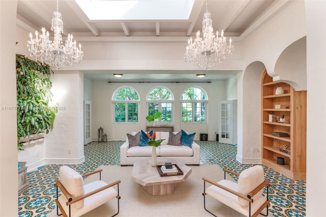 carpeted living room featuring beamed ceiling, crown molding, and a high ceiling