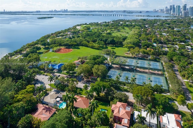 bird's eye view with a water view