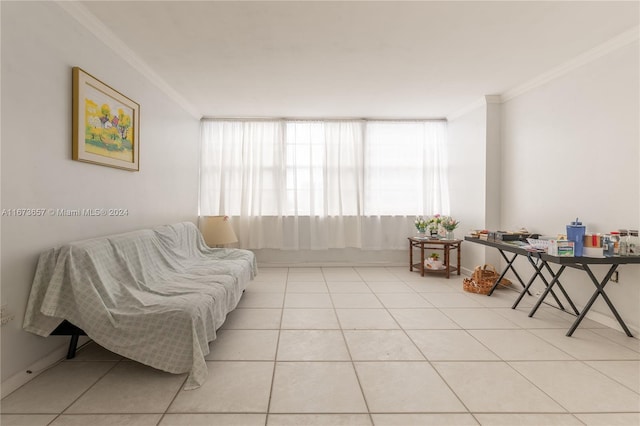 tiled living room featuring crown molding