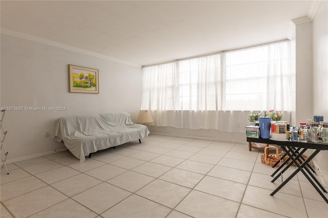 tiled living room with crown molding