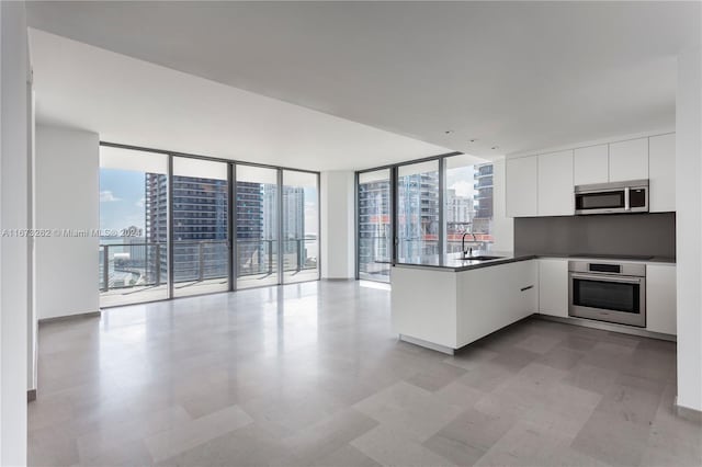 kitchen with floor to ceiling windows, sink, kitchen peninsula, white cabinets, and appliances with stainless steel finishes