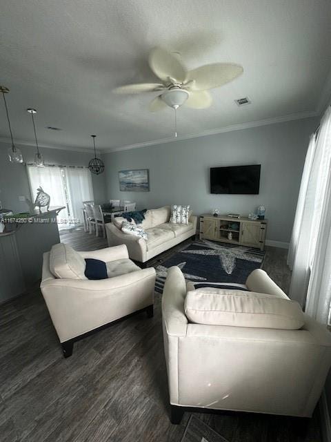 living room featuring ceiling fan, ornamental molding, and dark wood-type flooring