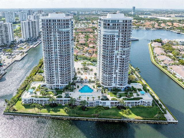 aerial view featuring a water view